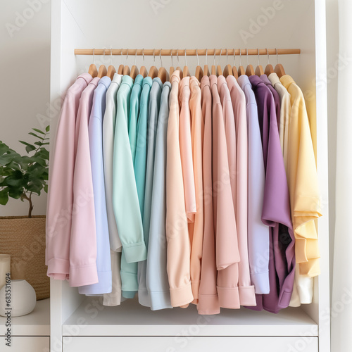 Pastel Dress shirts on hangers, Clothes, Woman's clothing © Diana D.