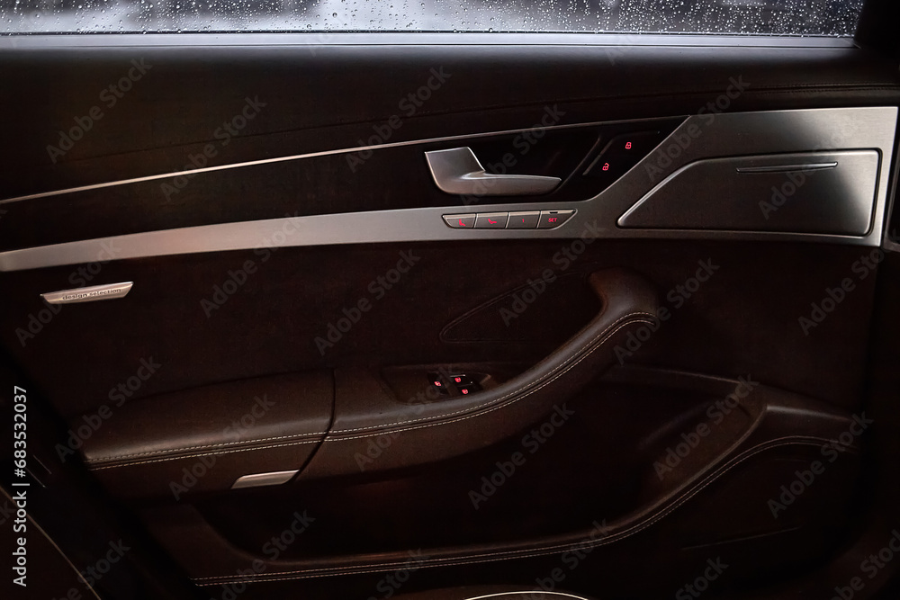 Modern city car brown leather door,  inside luxury city car background