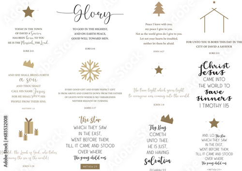 Christmas Bible Verses set, holiday bundle, Christmas scripture quotes, Merry Christmas, Holy Night, Happy New Year, Christmas sayings, vector illustration	 photo