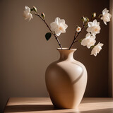Ceramic vase with white flowers on a table in minimalist beige monochrome interior