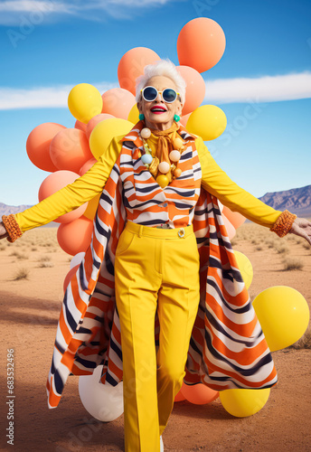 Modern fun elegant older woman eccentric vivid fashion style that expresses youthful spirit. Grandma is a fashion icon.
