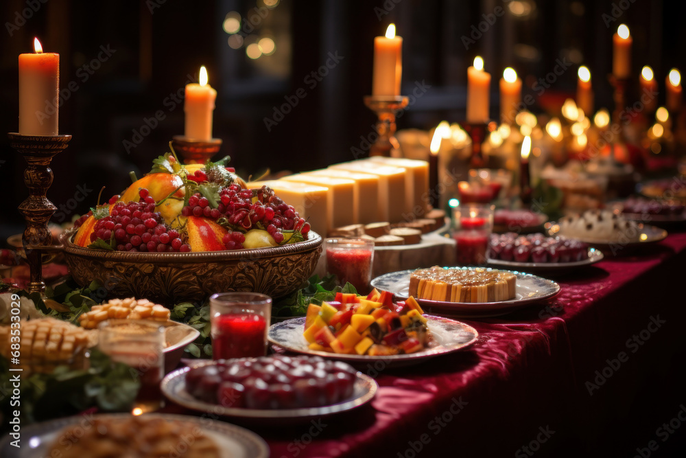 A festive Orthodox Old New Year's dinner table adorned with traditional dishes. Concept of cultural celebration and culinary traditions. Generative Ai.
