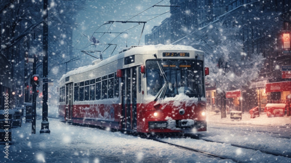 A red and white train traveling down a snow covered street