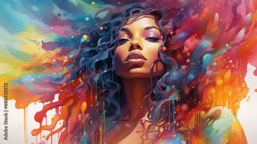 Naklejka premium A painting of a woman with colorful hair