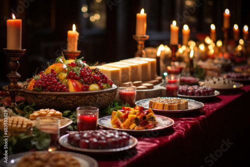 A festive Orthodox Old New Year's dinner table adorned with traditional dishes. Concept of cultural celebration and culinary traditions. Generative Ai.