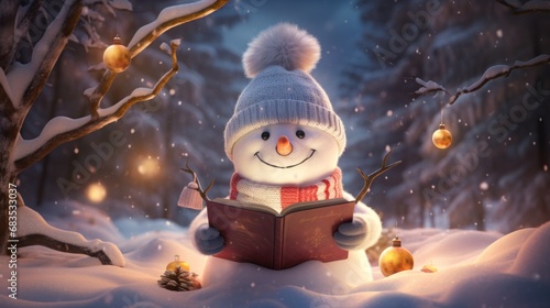 A snowman reading a book in the snow photo