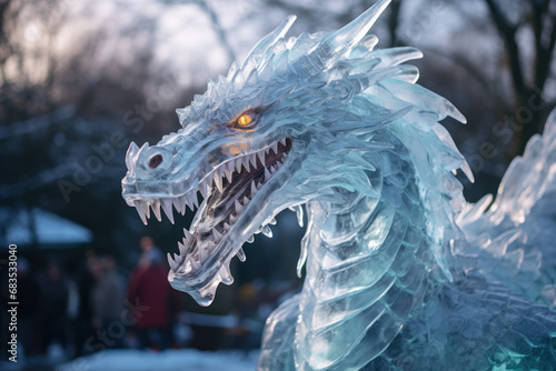 A dragon-shaped ice sculpture gleaming at a winter festival. Concept of ice carving and seasonal celebrations. Generative Ai.