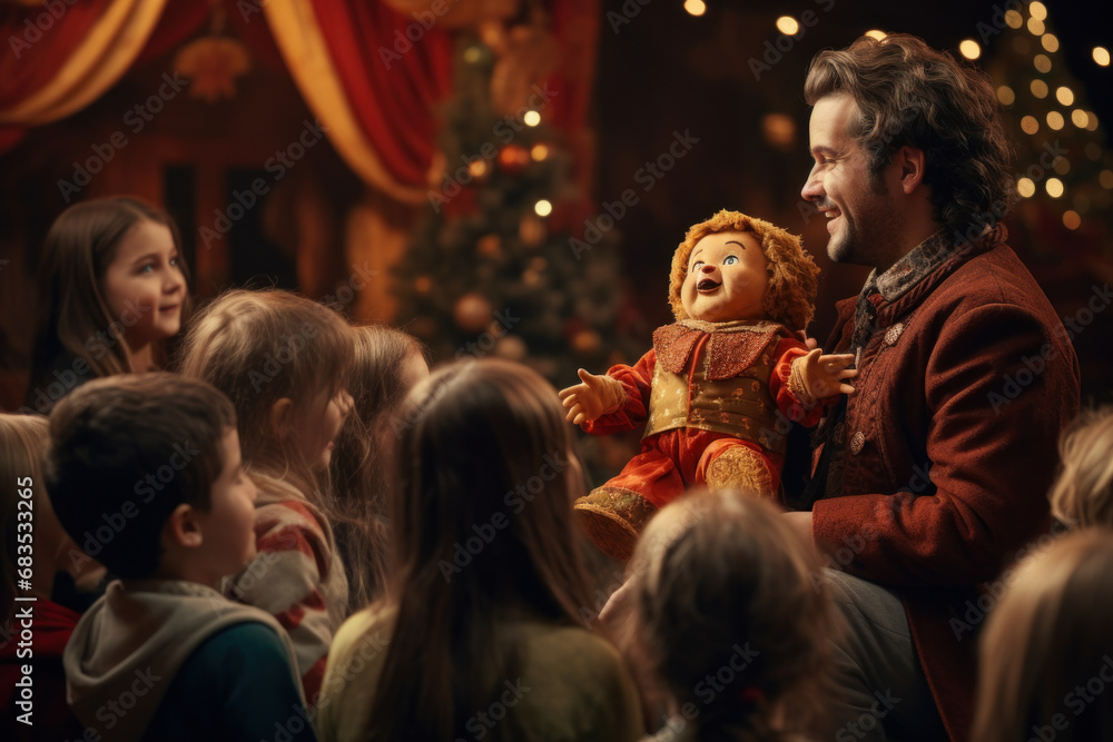 A traditional Old New Year's puppet show entertaining children and adults alike. Concept of folk entertainment and storytelling. Generative Ai. A traditional Old New Year's puppet show entertaining children and adults alike. Concept of folk entertainment and storytelling. Generative Ai.
