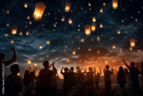 A group of people releasing paper lanterns into the night sky as a symbol of hope and good fortune for the Old New Year. Concept of symbolism and traditions. Generative Ai.