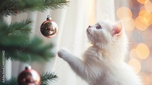 Cute adorable White Christmas kitty Christmas tree postcard banner photo