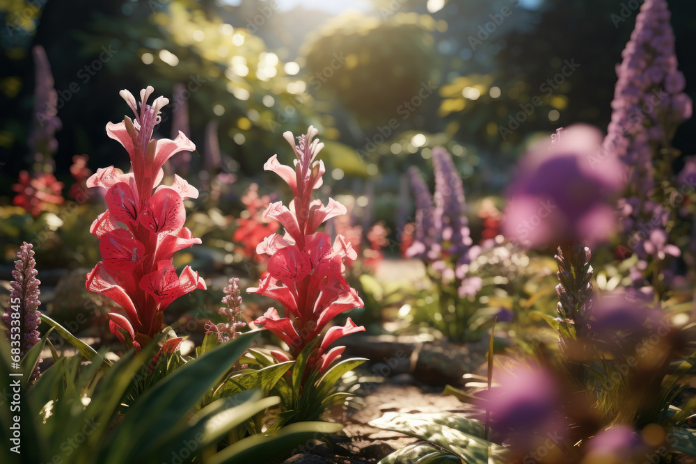 Obraz premium A gentle wind in a botanical garden, transporting the fragrances of rare and exotic plants. Concept of botanical diversity. Generative Ai.