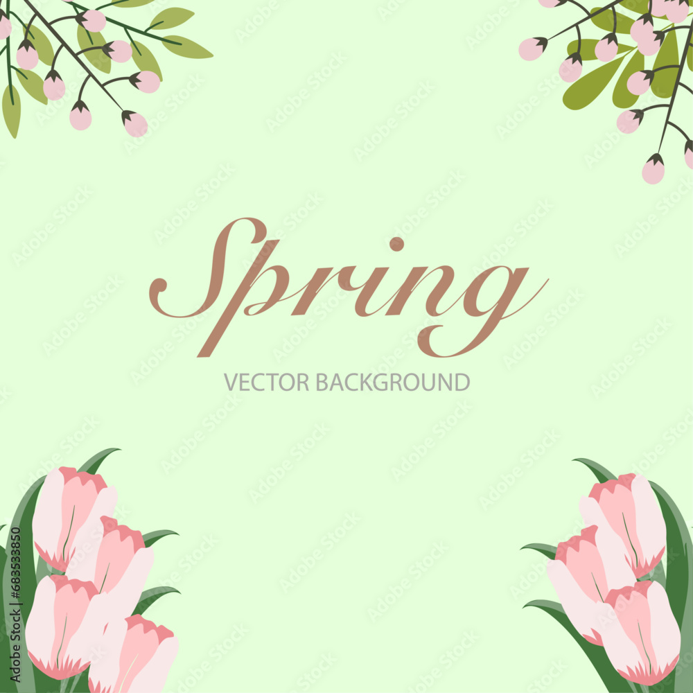 Spring vector background. Tulips, plants, leaves and flowers. Vector illustrations of beautiful realistic flowers for background, pattern, banners, wallpaper, flyers, invitation, posters
