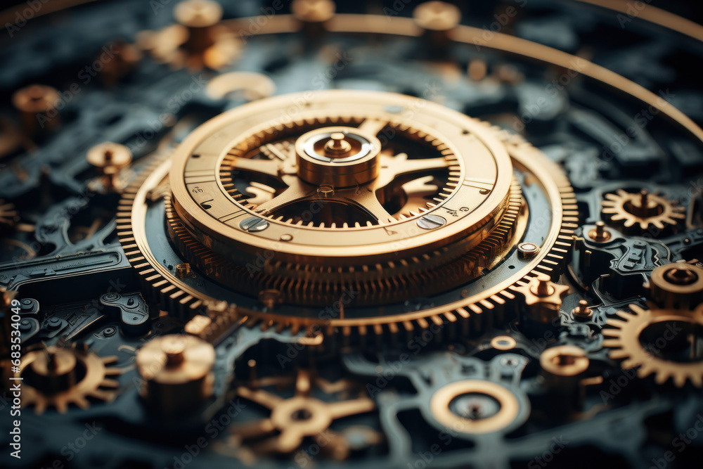 A swirling vortex of gears and cogs, illustrating the intricate machinery behind the birth and development of ideas. Concept of the mechanics of thought. Generative Ai.