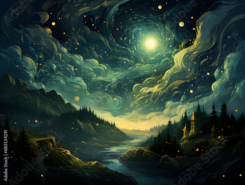 sketch Starry Night Sky in green and gold colors