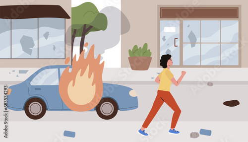 Riot on the street. Car burning. Rioters and protesters destroying cars, looting shops and beaking windows. Runing away woman. Vector