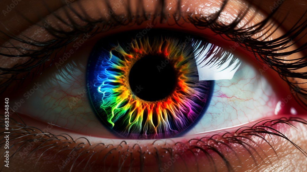 Close up of human eye with rainbow iris. Conceptual image