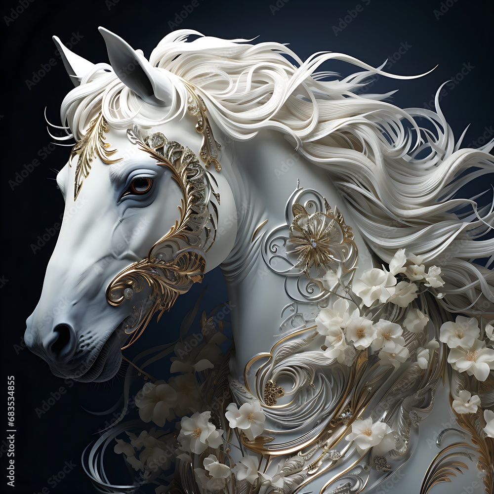 Ornate White Horse with Flowing Mane Ornate White Horse with Flowing Mane