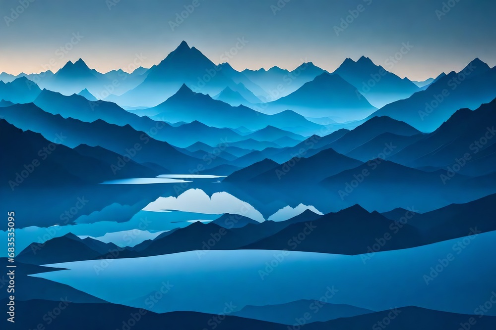 Paper Silhouette Mountain and Lake Scene (Dark Blue and White)