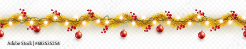 Christmas tree garland with golden fir branches, red balls, berries, gold lights isolated on transparent background. Pine, xmas plants seamless banner. Vector holiday border decoration
