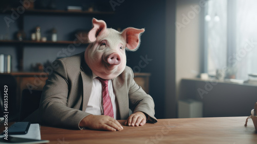 Corporate boss with a pig head in his office photo