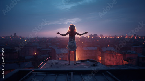 Female sleepwalker on roof at night photo