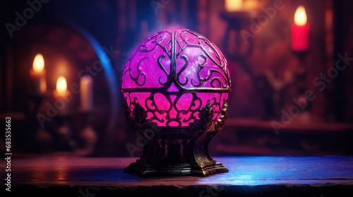 Violet glowing magic ball on table