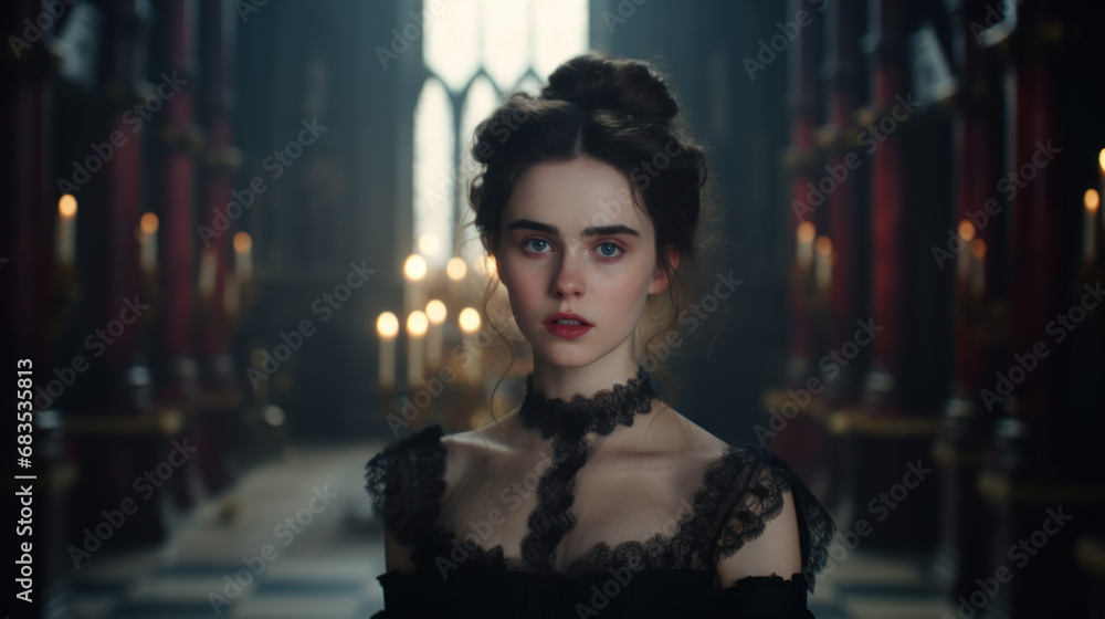 Attractive young female vampire in gloomy castle Attractive young female vampire in gloomy castle