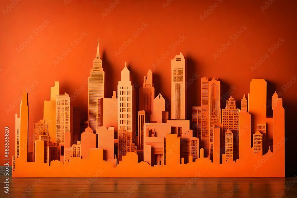 Create a city skyline silhouette against a sunset-orange backdrop, featuring iconic buildings and skyscrapers. 