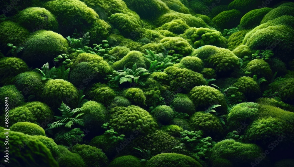 Fototapeta premium Lush moss texture background. soft and verdant growth. Spongy and damp to the touch. Vibrant and earthy ecosystem.
