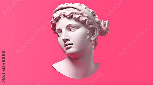 Woman head of statue on the pink background