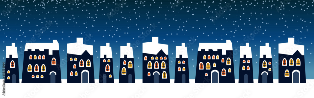 Cute Christmas and winter Night city houses. Snowy Windows of the lights town panorama.