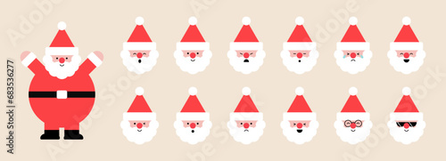 Santa Claus head set. Christmas cute character icon collection. Happy and sad face. Different emotion, holiday winter background. Xmas minimal design. Trendy style isolated vector flat illustration.