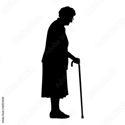 Standing old woman with cane silhouette. Vector illustration