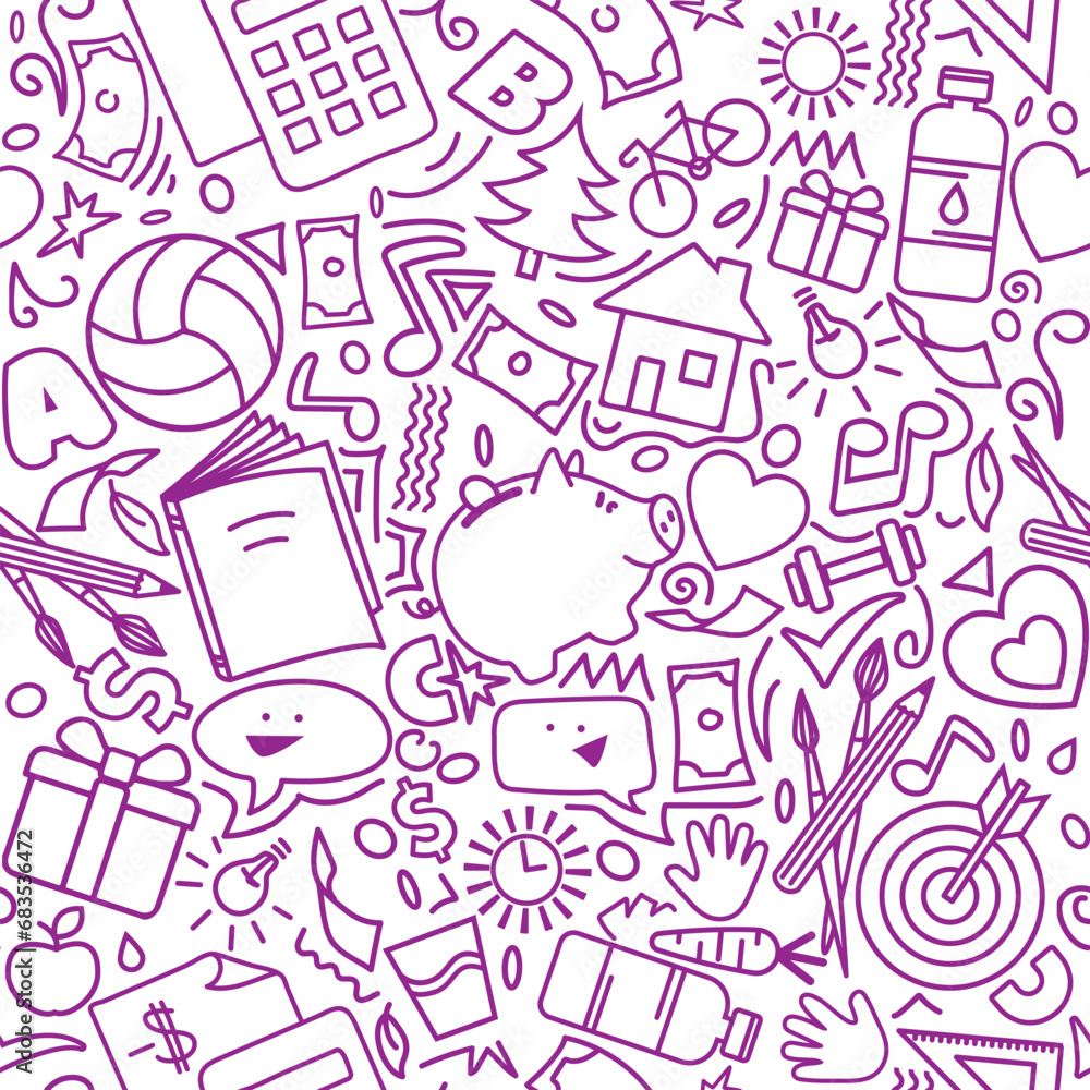 Seamless pattern for background from doodle elements for hobby or profession and healthy lifestyle on white background. School creativity, passion sports, finance, sign of music, food, communication