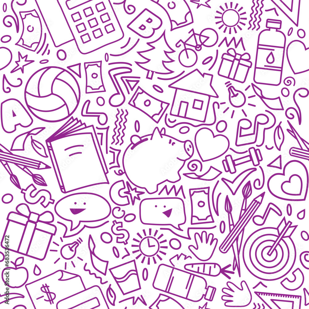 Seamless pattern for background from doodle elements for hobby or profession and healthy lifestyle on white background. School creativity, passion sports, finance, sign of music, food, communication Seamless pattern for background from doodle elements for hobby or profession and healthy lifestyle on white background. School creativity, passion sports, finance, sign of music, food, communication