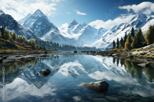 A mirrored lake reflecting a mountainous landscape, capturing the serenity and symmetry that defines natural beauty. Concept of tranquil reflections. Generative Ai. © Sebastian