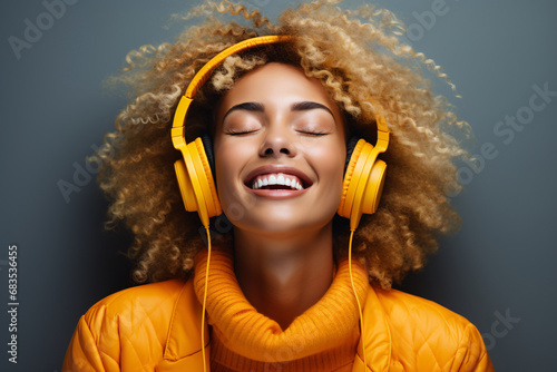 a young woman with headphones is enjoying music. listening to sounds, melodies, audiobooks in the headset.