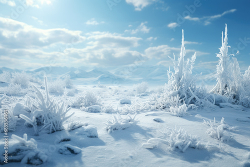 A snow-covered landscape, where each crystalline snowflake contributes to a pristine and enchanting winter beauty. Concept of frozen elegance. Generative Ai. © Sebastian