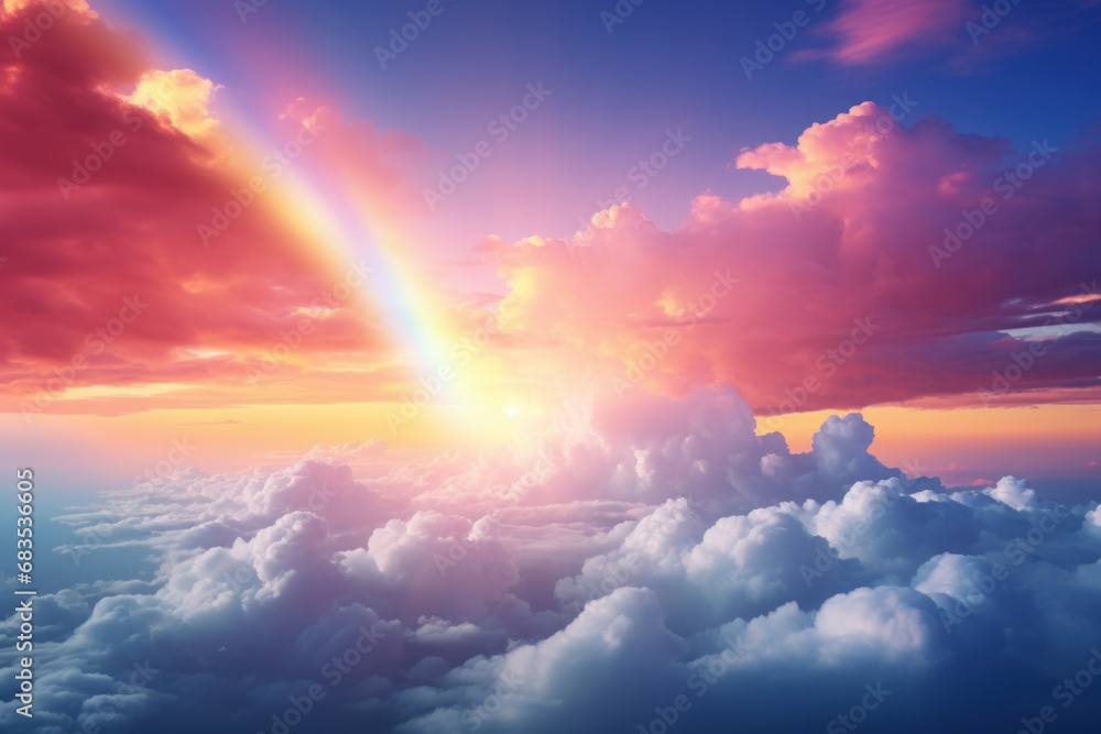 A rainbow stretching across the sky after a storm, radiating a spectrum of colors that symbolize the transient yet breathtaking beauty of atmospheric phenomena. Generative Ai. A rainbow stretching across the sky after a storm, radiating a spectrum of colors that symbolize the transient yet breathtaking beauty of atmospheric phenomena. Generative Ai.