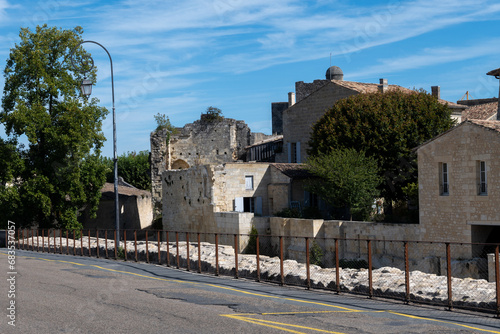 Views of old houses and streets of medieval town St. Emilion, production of red Bordeaux wine on cru class vineyards in Saint-Emilion wine making region, France, Bordeaux
