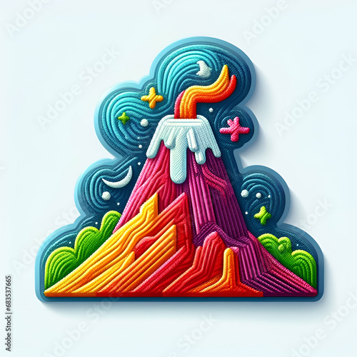 3D embroidered stitch volcanic eruption logo isolated on white background 