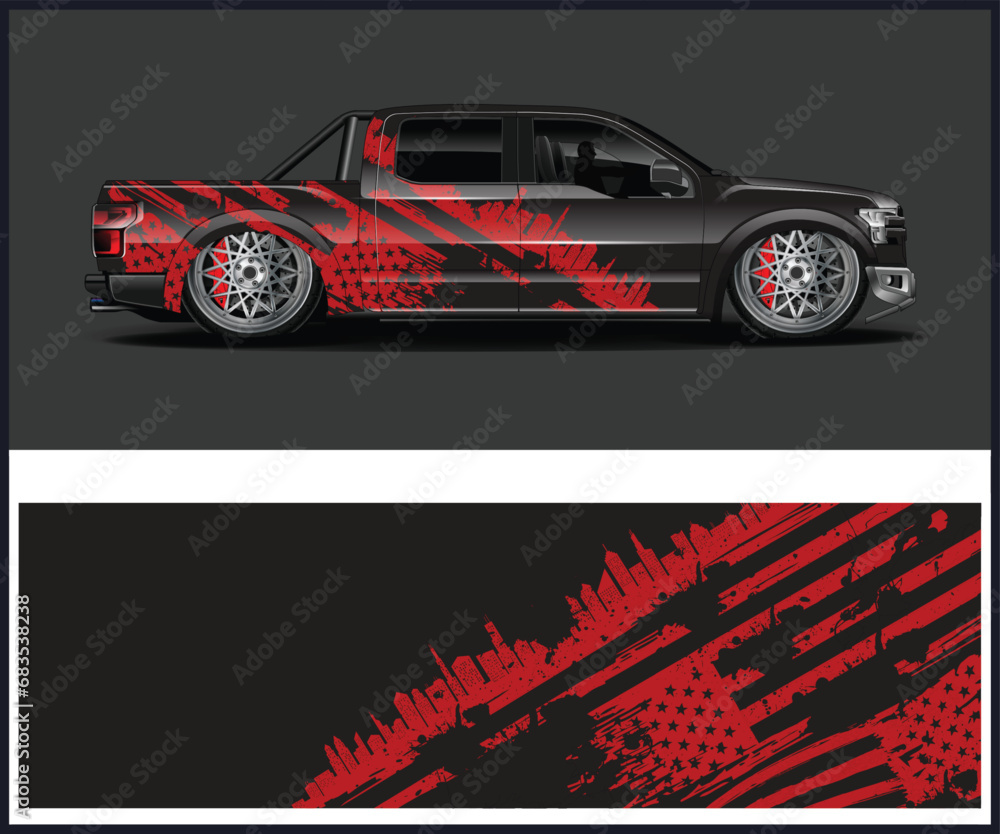 Racing car wrap design vector. Graphic abstract stripe racing background kit designs for wrap vehicle