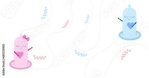 Banner Two condom characters with heart in their hands Vector. Theme of health, care, contraceptive.