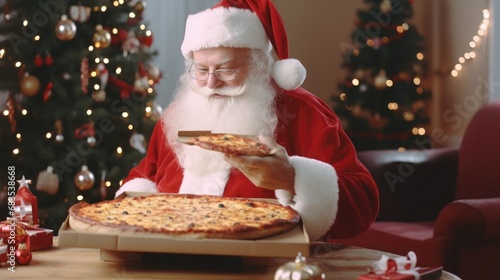 Happy Laughing Santa Claus Holding Big Hot Original Pizza, Merry Christmas and Happy New Year Fast Food Concept Banner © inna717