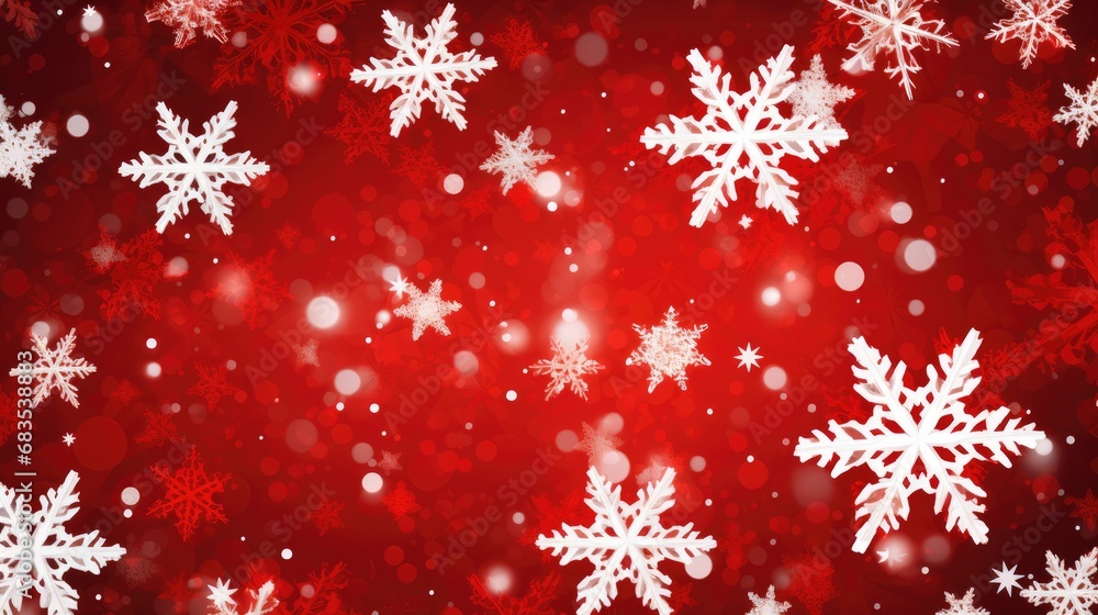 Snowy red background. Christmas snowy winter design. White falling snowflakes, abstract landscape.