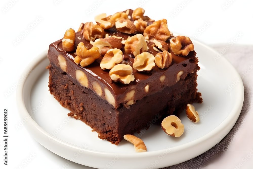 Piece of brownie cake with hazelnuts on white background Piece of brownie cake with hazelnuts on white background