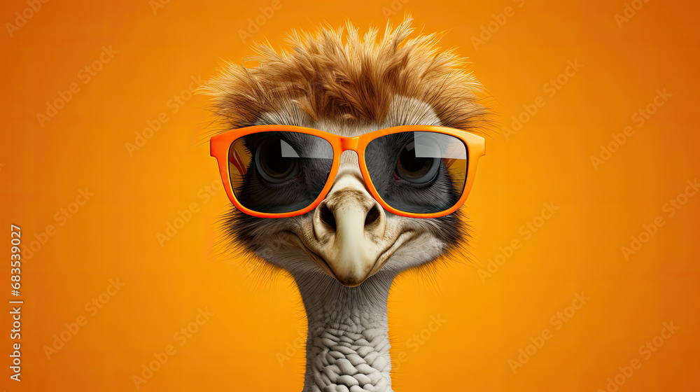 Fototapeta premium Crane with glasses. A close-up portrait of a crane. An anthopomorphic creature. A fictional character for advertising and marketing. Humorous character for graphic design.