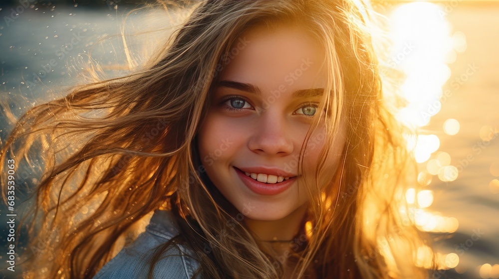 Fototapeta premium Close-up portrait of a young beautiful woman meeting the sunset on the coast. The girl is enjoying summer vacation. Natural female beauty. Beautiful feminine image. Illustration for cover, card, etc.