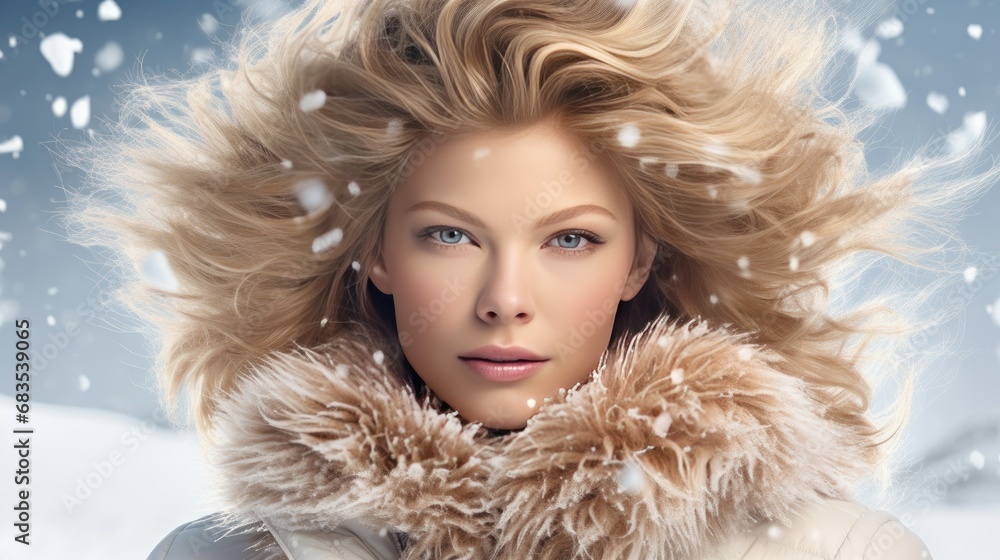 Close-up portrait of a young girl on a winter day. A strong wind is blowing the woman's hair. The concept of natural female beauty. The frozen dynamics of snowfall. Beautiful feminine image. Close-up portrait of a young girl on a winter day. A strong wind is blowing the woman's hair. The concept of natural female beauty. The frozen dynamics of snowfall. Beautiful feminine image.