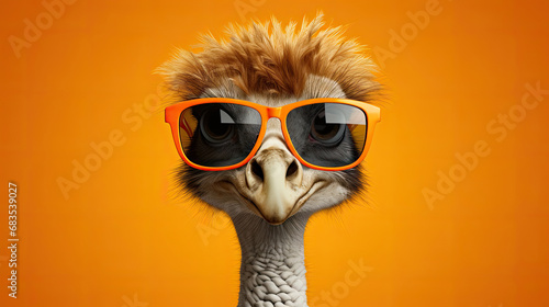 Crane with glasses. A close-up portrait of a crane. An anthopomorphic creature. A fictional character for advertising and marketing. Humorous character for graphic design.